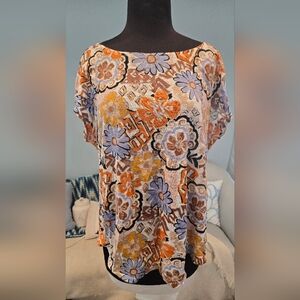 Nicole Miller Linen Floral Tshirt Size LARGE Boho Summer Minimalist